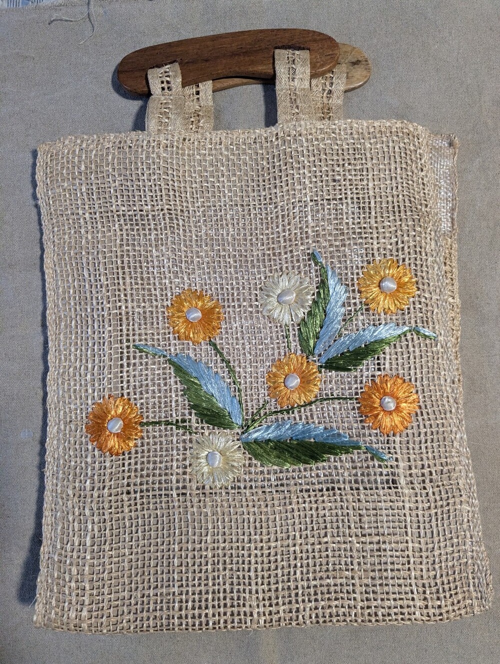 Handcrafted Duable Jute Tote Bag with Embroidered Flowers - Natural/Orange